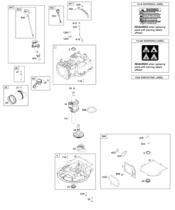 Camshaft, Crankshaft, Cylinder, Piston/Rings/Connecting Rod, Sump, Warning Label Diagram and Parts List for 9P602-0060-F1  Briggs and Stratton Engine